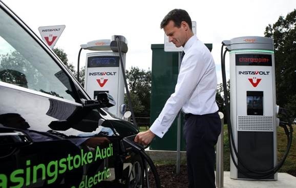 men connecting the charging point for the ev car