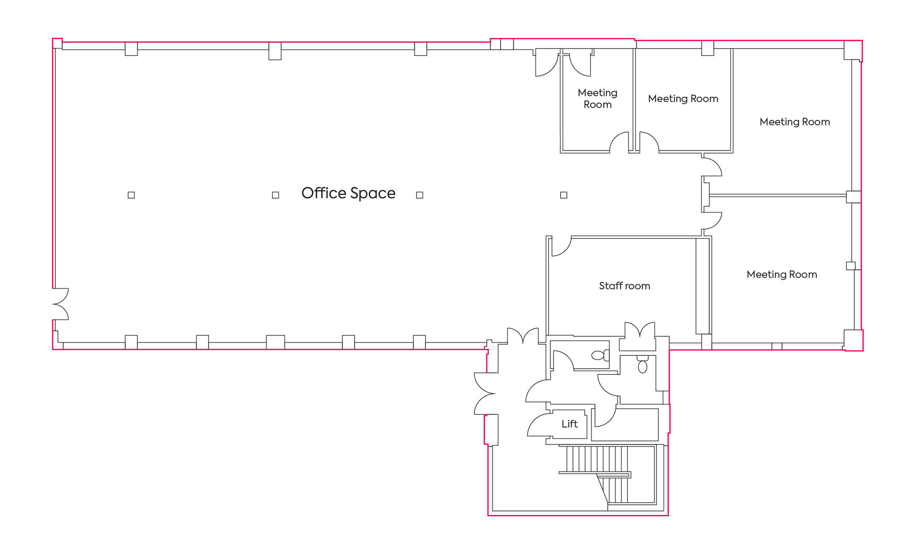 Floor plan of an office building showing the layout of office space, meeting rooms, a staff room, and a lift, outlined with red lines.