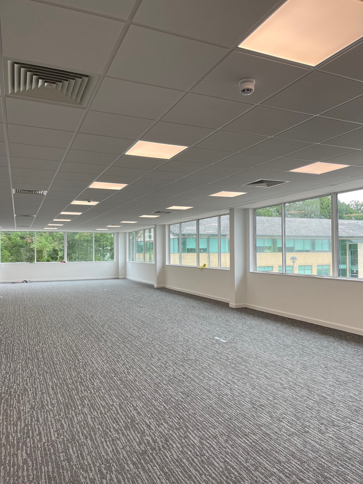 An empty office with grey carpet and windows.