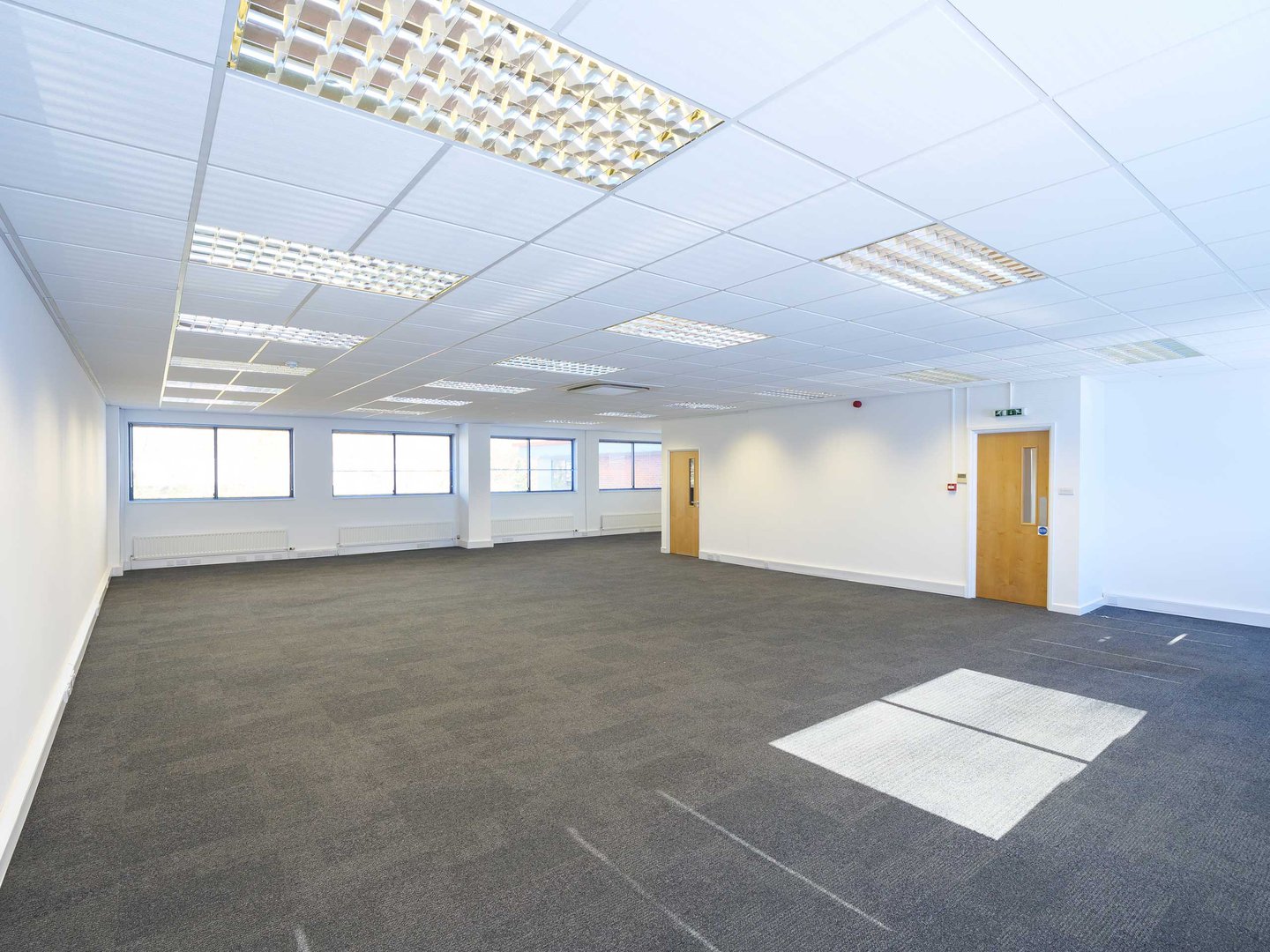 Empty office space with gray carpet, white walls, and large windows along one side, illuminated by ceiling lights. a small white rug is on the floor near the center.