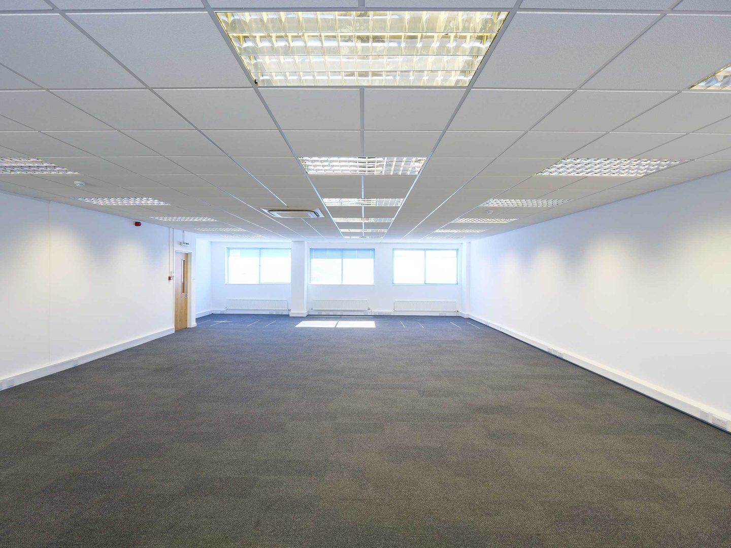 Empty modern office space with gray carpet, white walls, and fluorescent ceiling lights, featuring three windows letting in natural light.